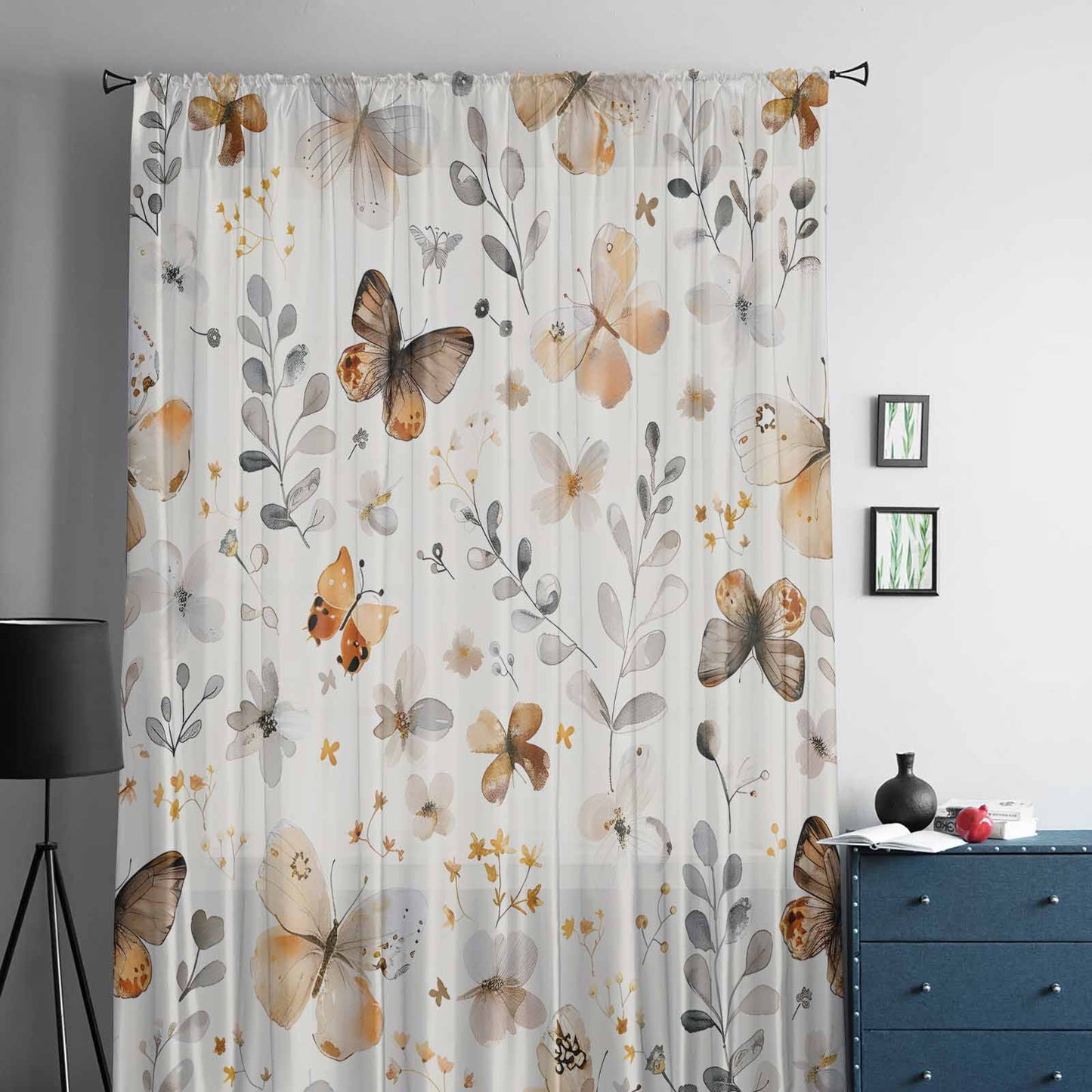 Retro Spring Floral Semi Sheer Curtains Drapes, French Doors Window 63 Inches Long, Brown Butterfly Botanical Rod Pocket Chiffon Curtain Drapery Voile Draperies Panel