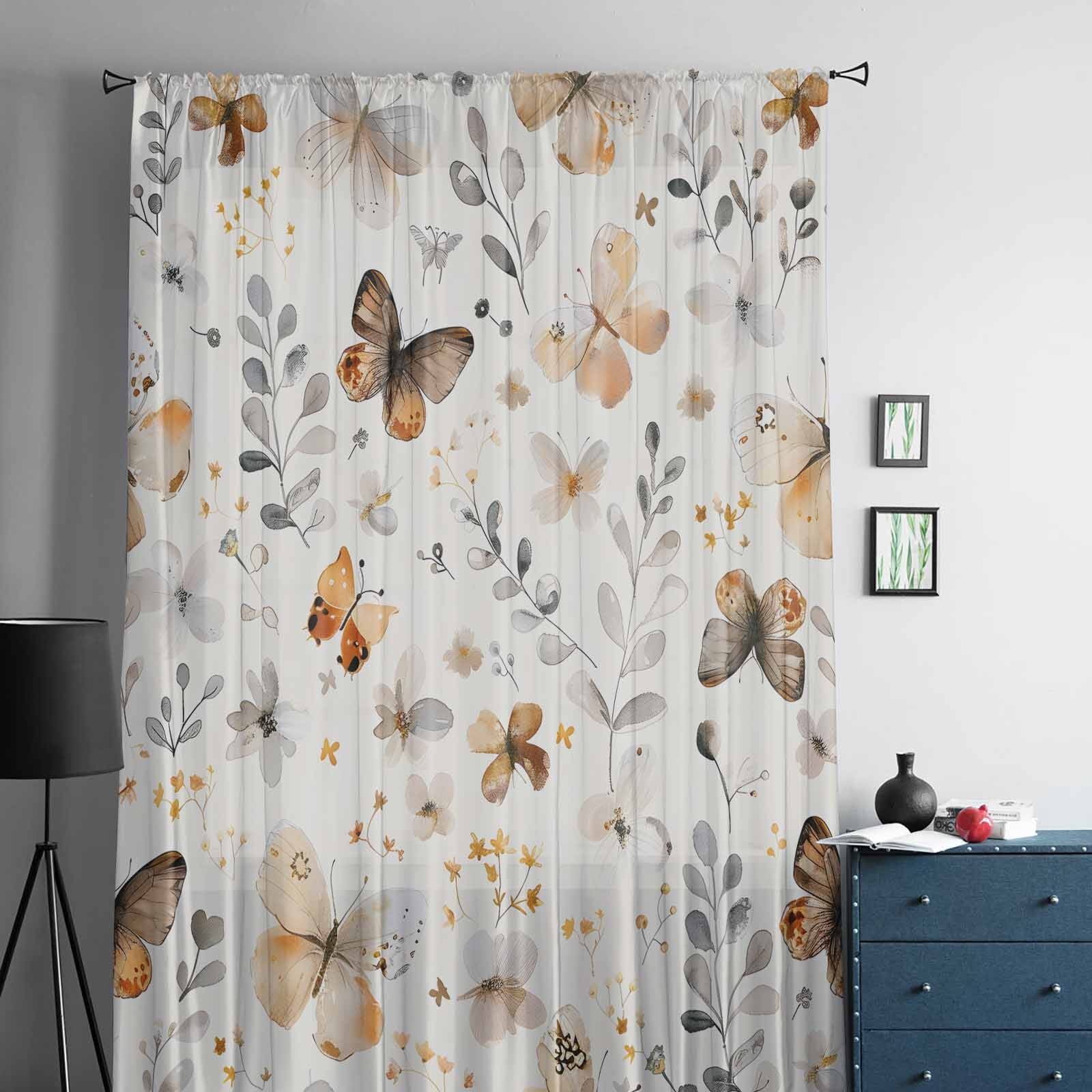Retro Spring Floral Semi Sheer Curtains Drapes, French Doors Window 63 Inches Long, Brown Butterfly Botanical Rod Pocket Chiffon Curtain Drapery Voile Draperies Panel