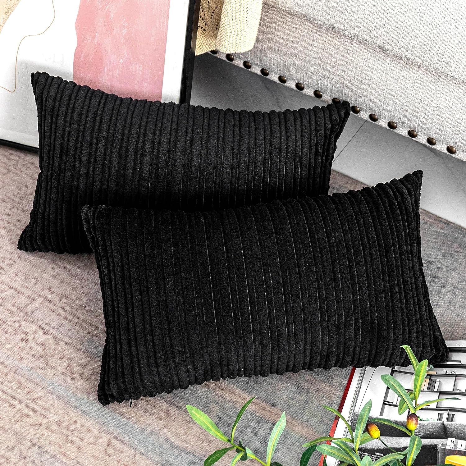 UGASA Velvet Lumbar Throw Pillow Cover, Both Sides Corduroy Striped Soft Solid, 12X20 Inch, Black