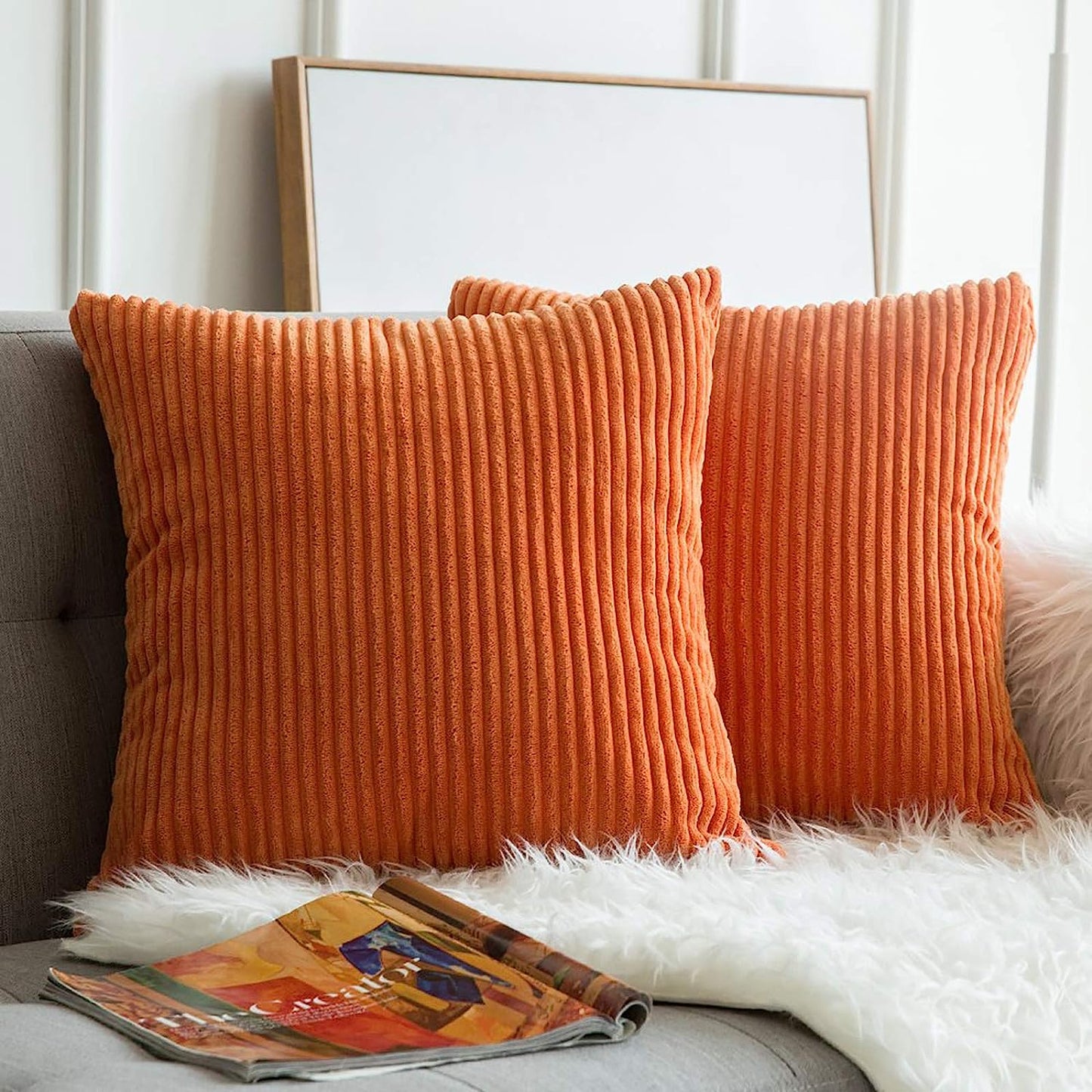 Pack of 2 Orange Pillow Covers 18X18 Inch Soft Boho Striped Corduroy Throw Pillow Covers Set Decorative Square Cushion Cases Pillowcases for Sofa Bedroom Couch