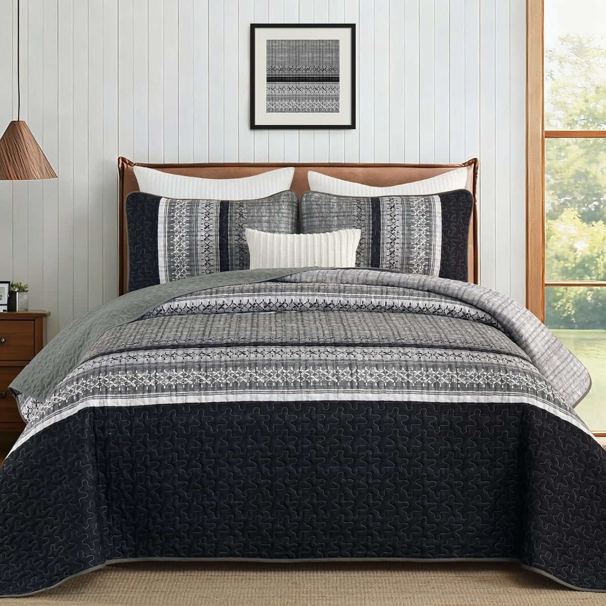 Quilt King Size,Black Grey Patchwork Striped Bedspread 3 Pcs