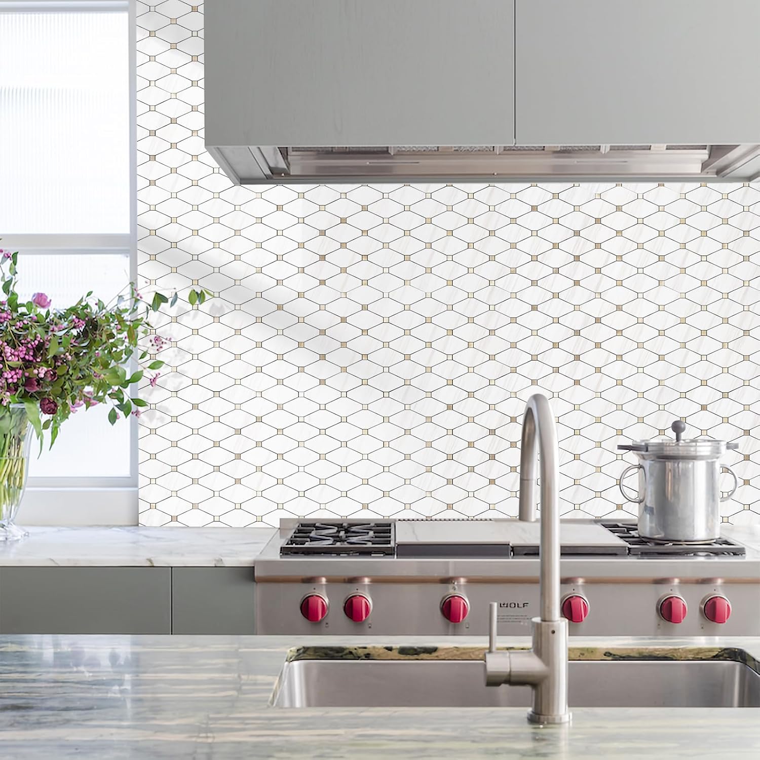 Peel and Stick Wall Tiles, Polished Dolomite PVC Mixed Metal Gold Kitchen Backsplash, Stick on Wall Tiles, 10 Sheets