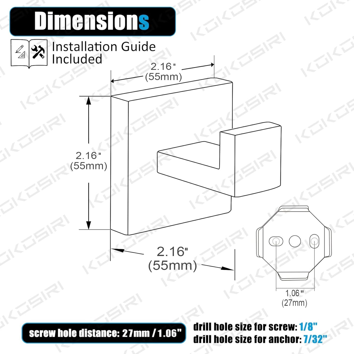Bath Towel Hook Wall Mount Square, Heavy Duty Wall Mounted, Stainless Steel, Brushed Gold, 