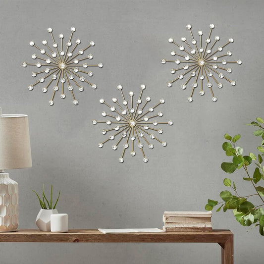 3 Set Gold Metal Jeweled Wall Art, Crystal Home Décor, Star Sun Rhinestone