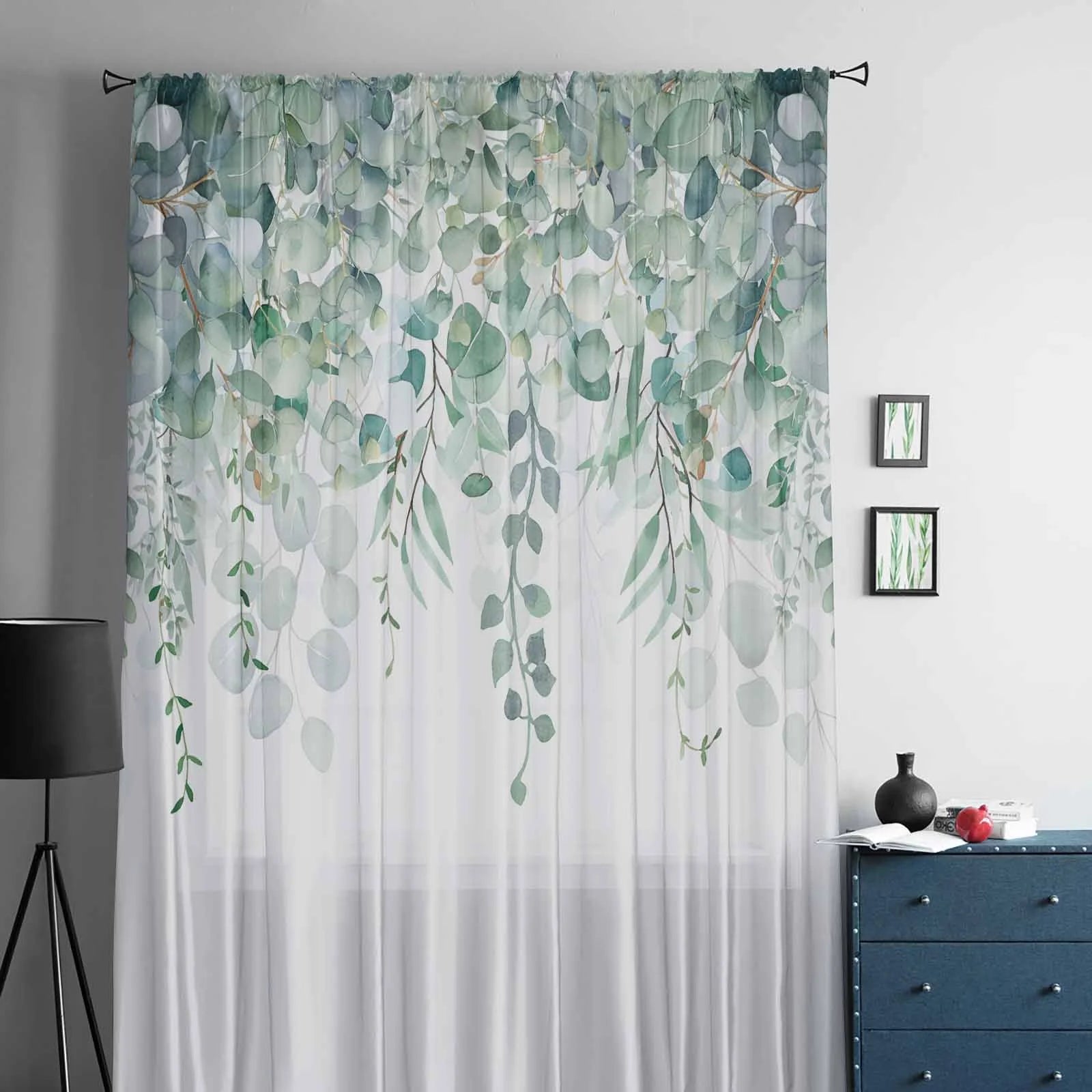 Teal Eucalyptus Leaves Semi Sheer Curtains Drapes, French Doors Window 54 Inches Long, Spring Floral Summer Botanical Rod Pocket Chiffon Curtain Drapery Voile Drape Panel