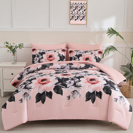 Queen Comforter Set 7 Piece Bed in a Bag, Pink Black Floral Botanical Pattern Blush Bedding Set, with Sheet Set, (Pink Black,Queen)