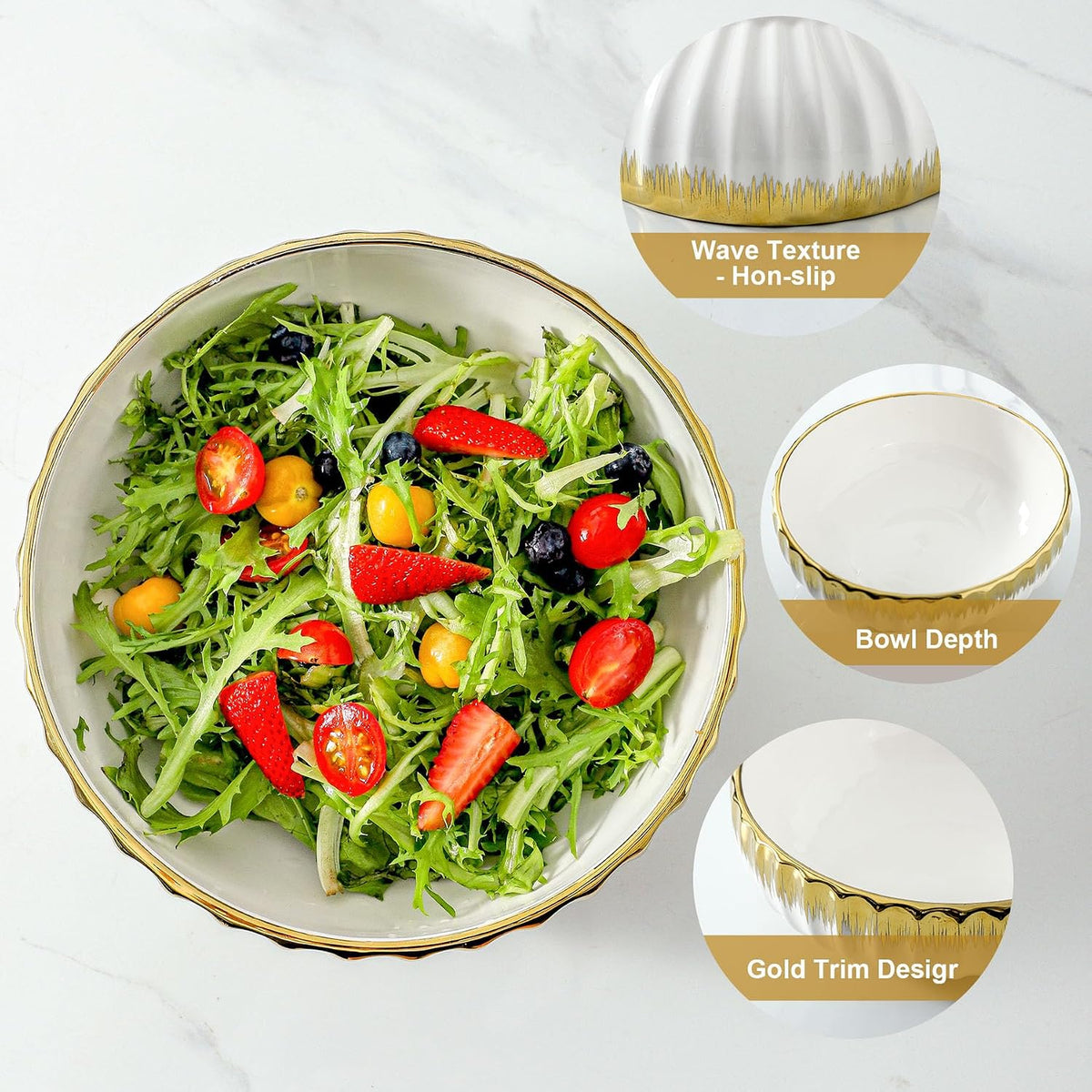 Serving Bowls, 10 Inch Ceramic Salad Bowl with Gold Trim, Set of 2