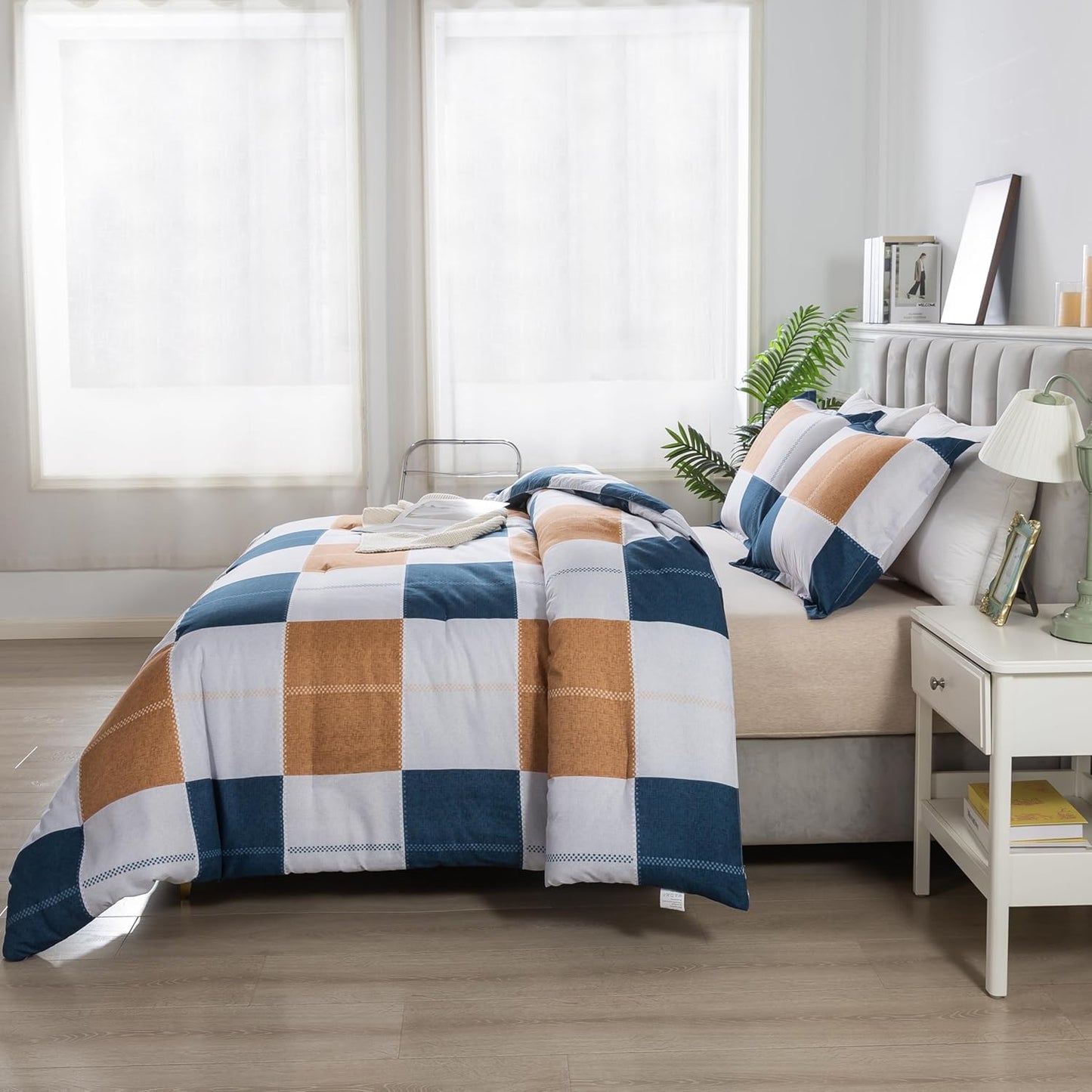 Plaid Checkered Comforter Set Navy and Gray, Fluffy Geometric Grid Buffalo King Size, 3 Pieces Comforter Set with Two Matching Pillow Shams