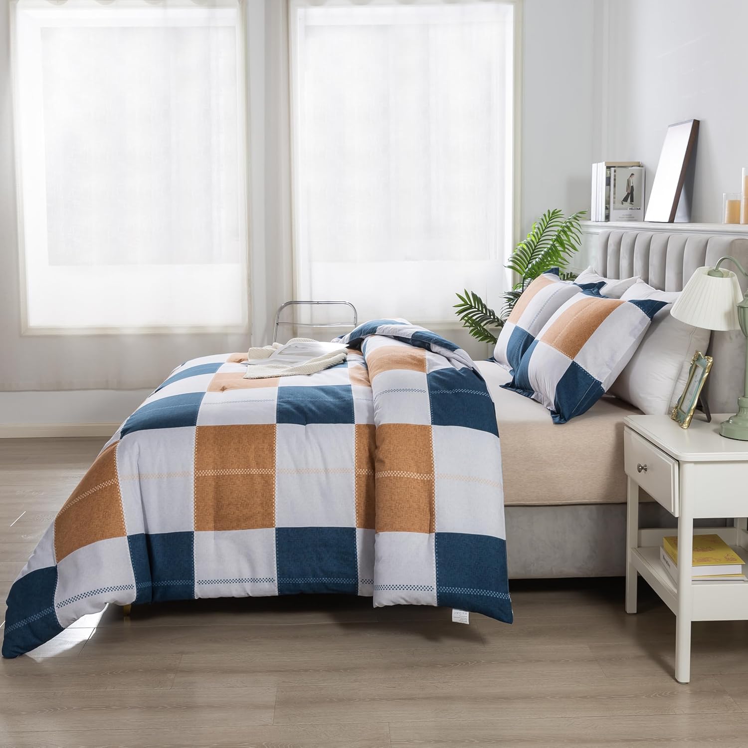 Plaid Checkered Comforter Set Navy and Gray, Fluffy Geometric Grid Buffalo King Size, 3 Pieces Comforter Set with Two Matching Pillow Shams