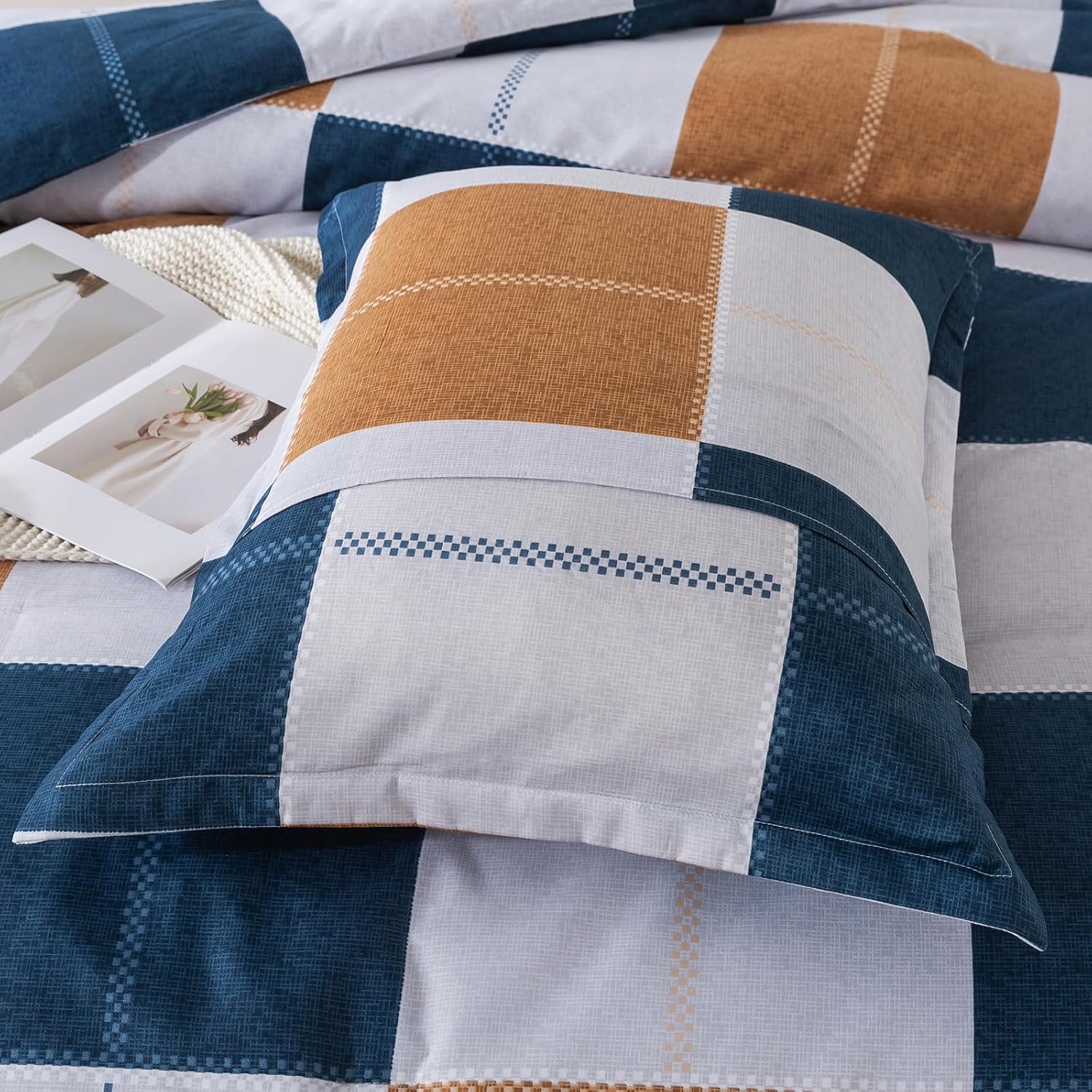 Plaid Checkered Comforter Set Navy and Gray, Fluffy Geometric Grid Buffalo King Size, 3 Pieces Comforter Set with Two Matching Pillow Shams