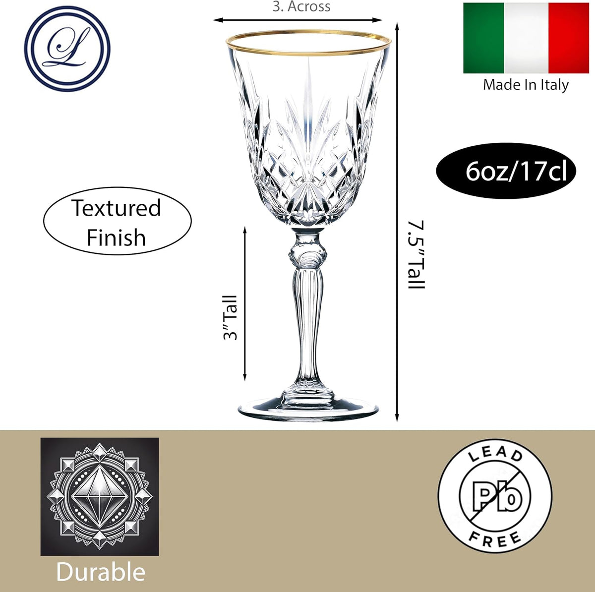 Siena Collection Crystal White Wine Glass with Gold Band Design, Set of 4,6 Fl Oz