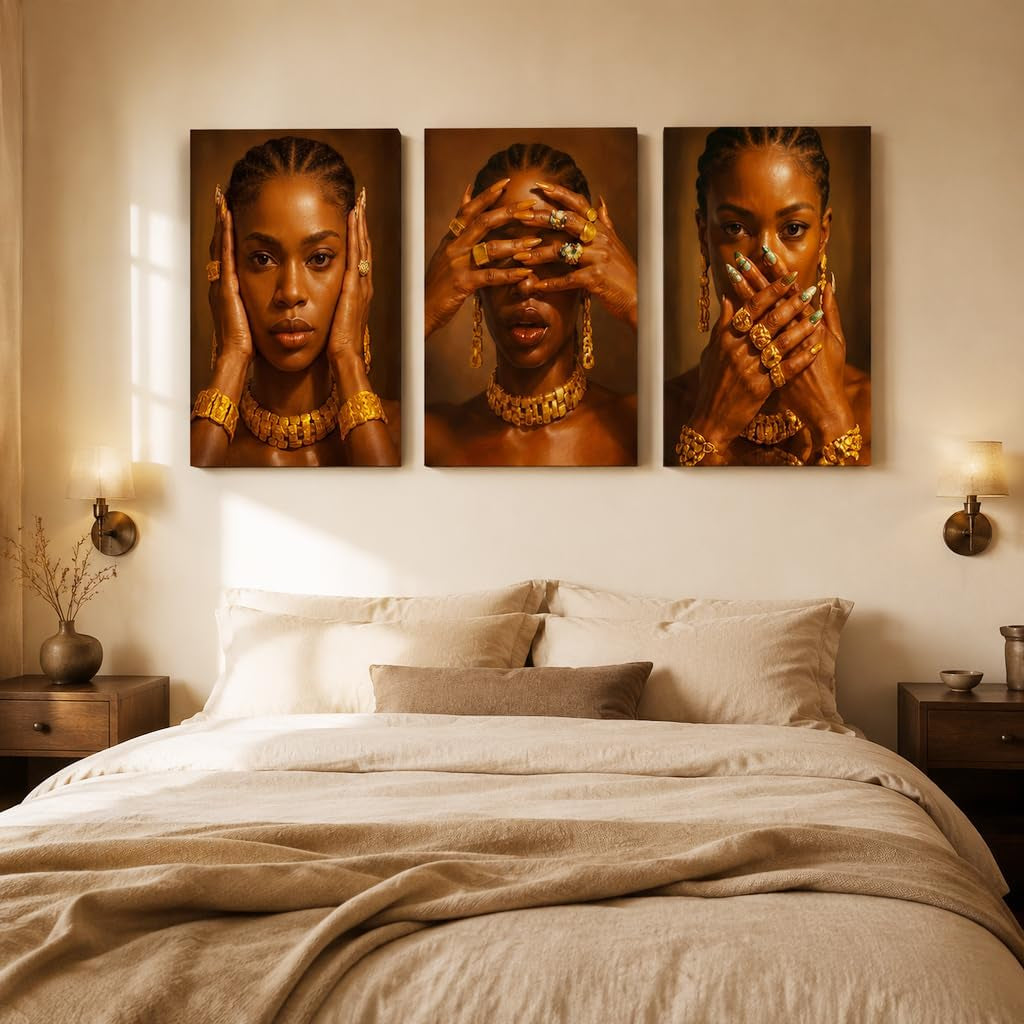 Set of 3 Framed Canvas Wall Art African Woman Portrait Wall Decor Modern Brown Gold Artwork Prints Luxury Fashion Poster Pictures for Living Room Bedroom Office Home Decoration 12X16 Inch