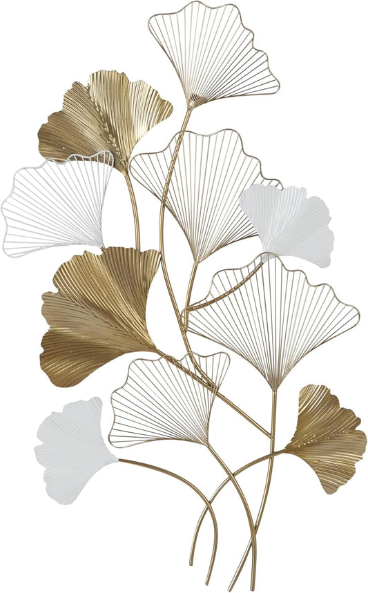 Metal Leaf Home Wall Decor Wall Sculpture with White Accents, Wall Art 25" X 2" X 40", Gold