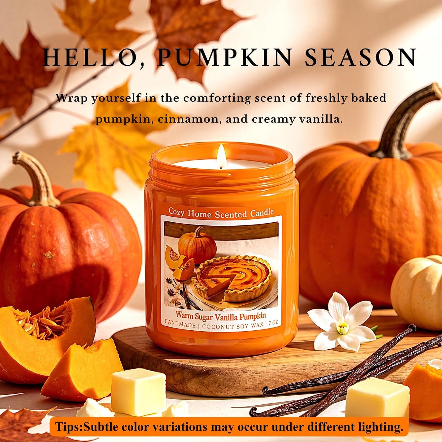 Warm Vanilla Pumpkin Scented Fall Candle, 7OZ Natural Coconut Soy Wax