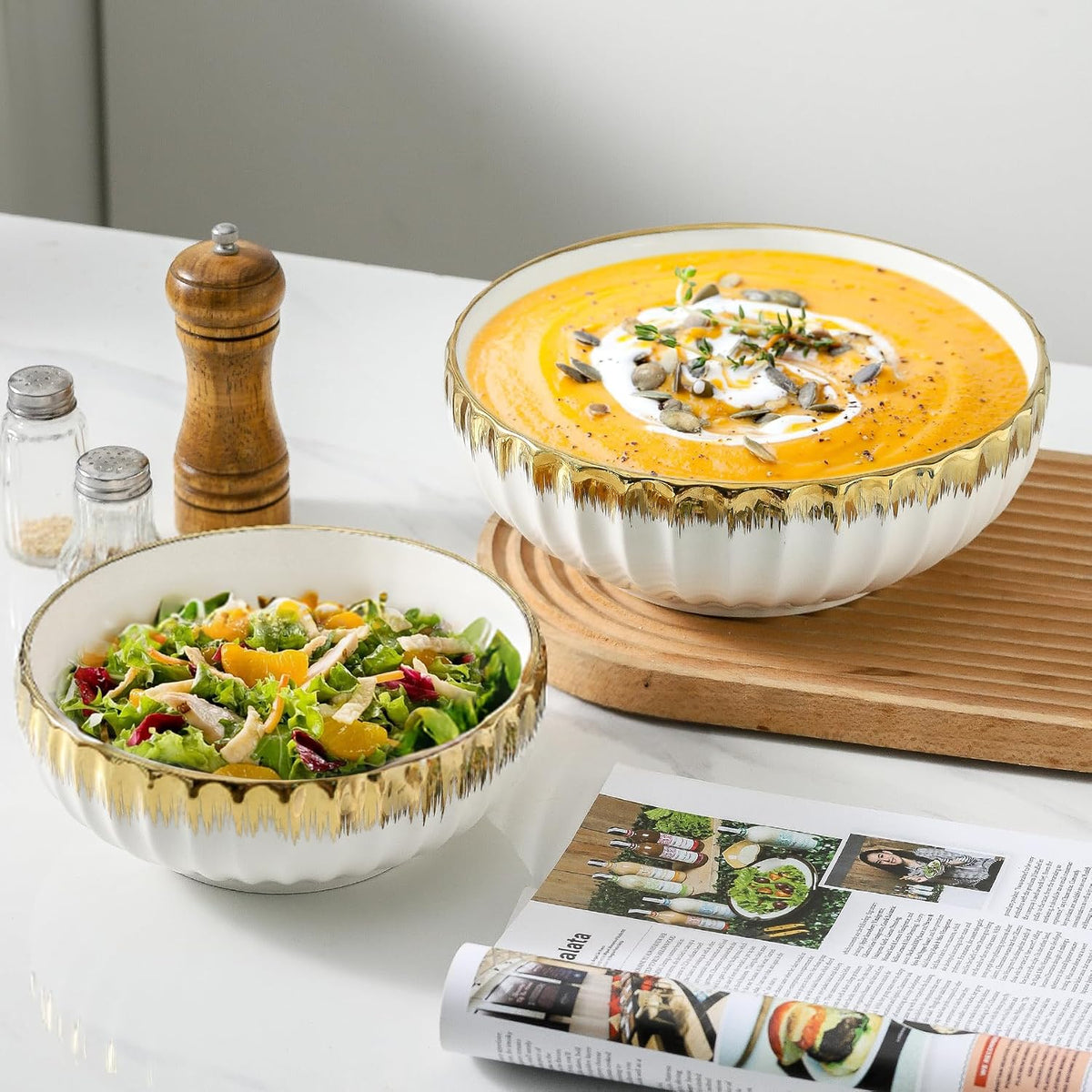 Serving Bowls, 10 Inch Ceramic Salad Bowl with Gold Trim, Set of 2