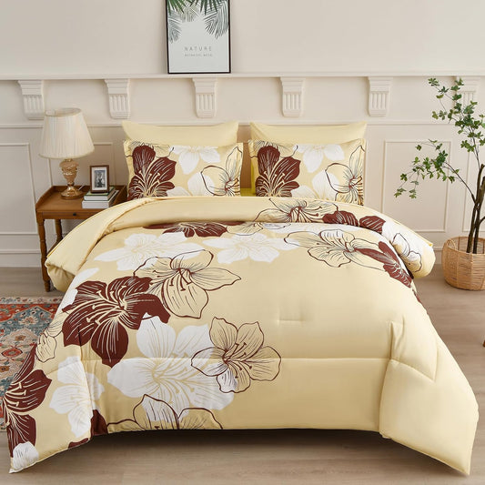 Floral Comforter Set King Size, 7 Pieces Bed in a Bag Burgundy Floral Print on Beige Comforter