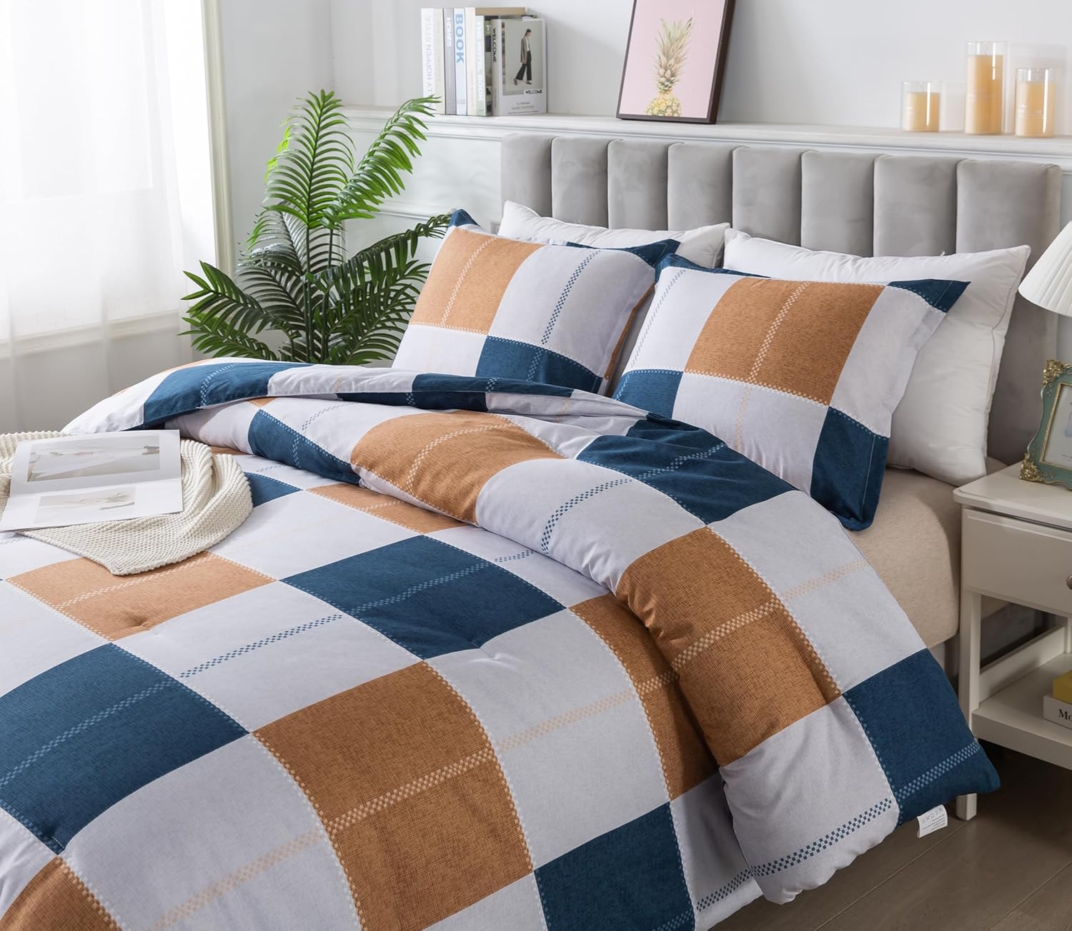 Plaid Checkered Comforter Set Navy and Gray, Fluffy Geometric Grid Buffalo King Size, 3 Pieces Comforter Set with Two Matching Pillow Shams