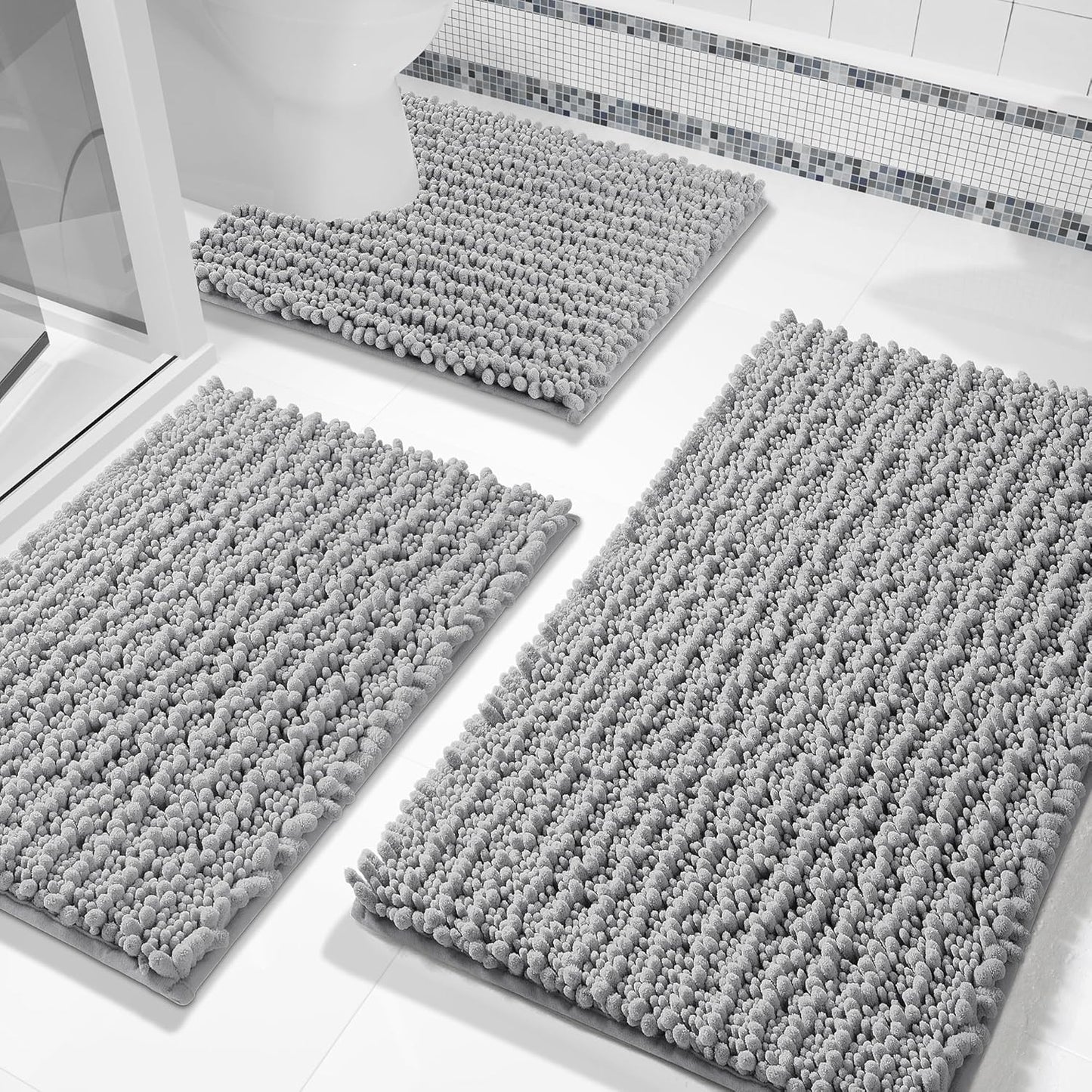 Bathroom Rug Set 3 Piece - Super Absorbent Quick Dry Chenille Bathmats & Toilet Rug, Grey