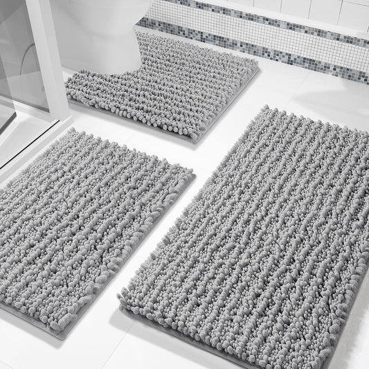 Bathroom Rug Set 3 Piece - Super Absorbent Quick Dry Chenille Bathmats & Toilet Rug, Grey
