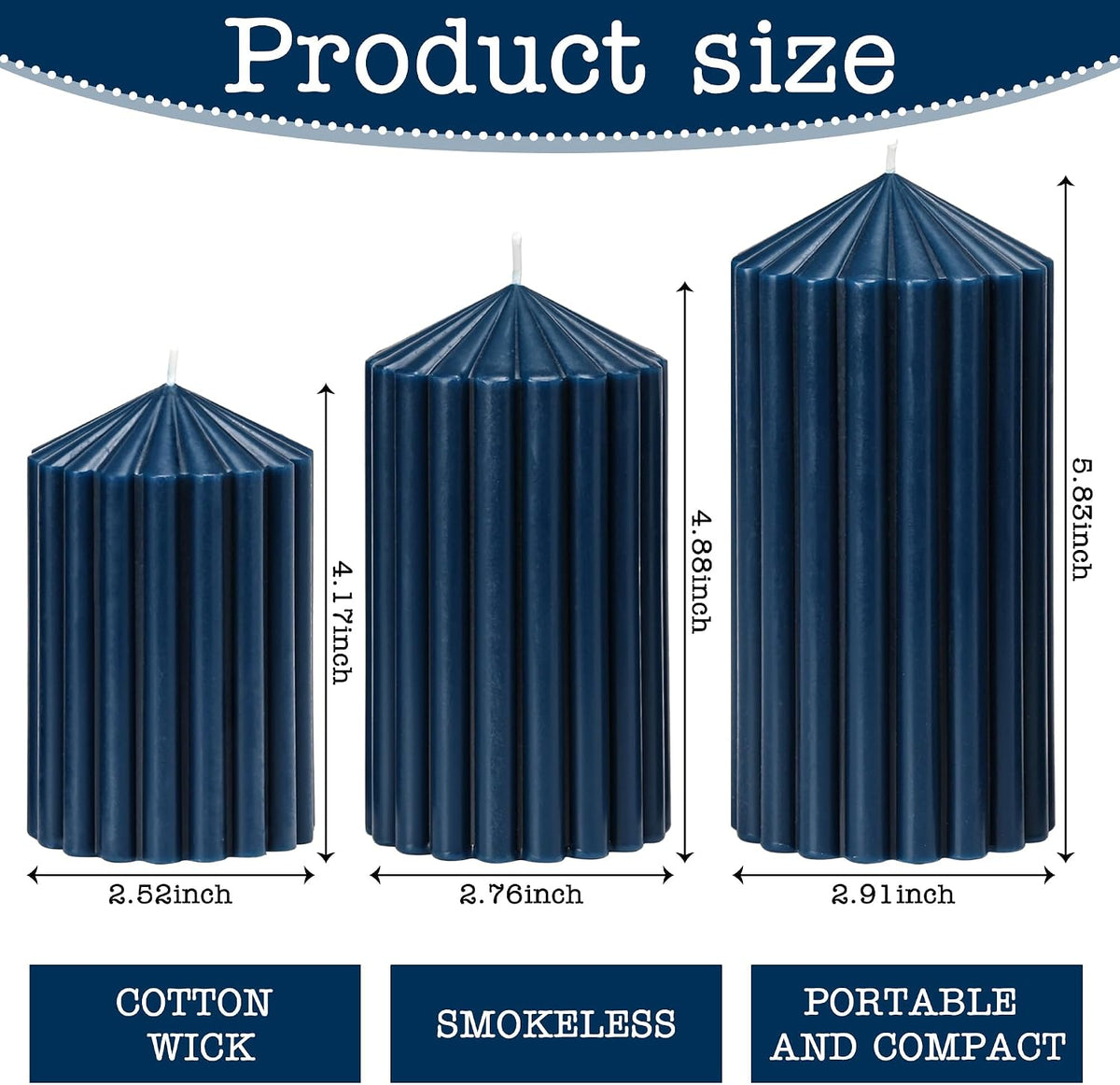 Blue Ribbed Pillar Candles Set of 3,Soy Wax Unscented Candle