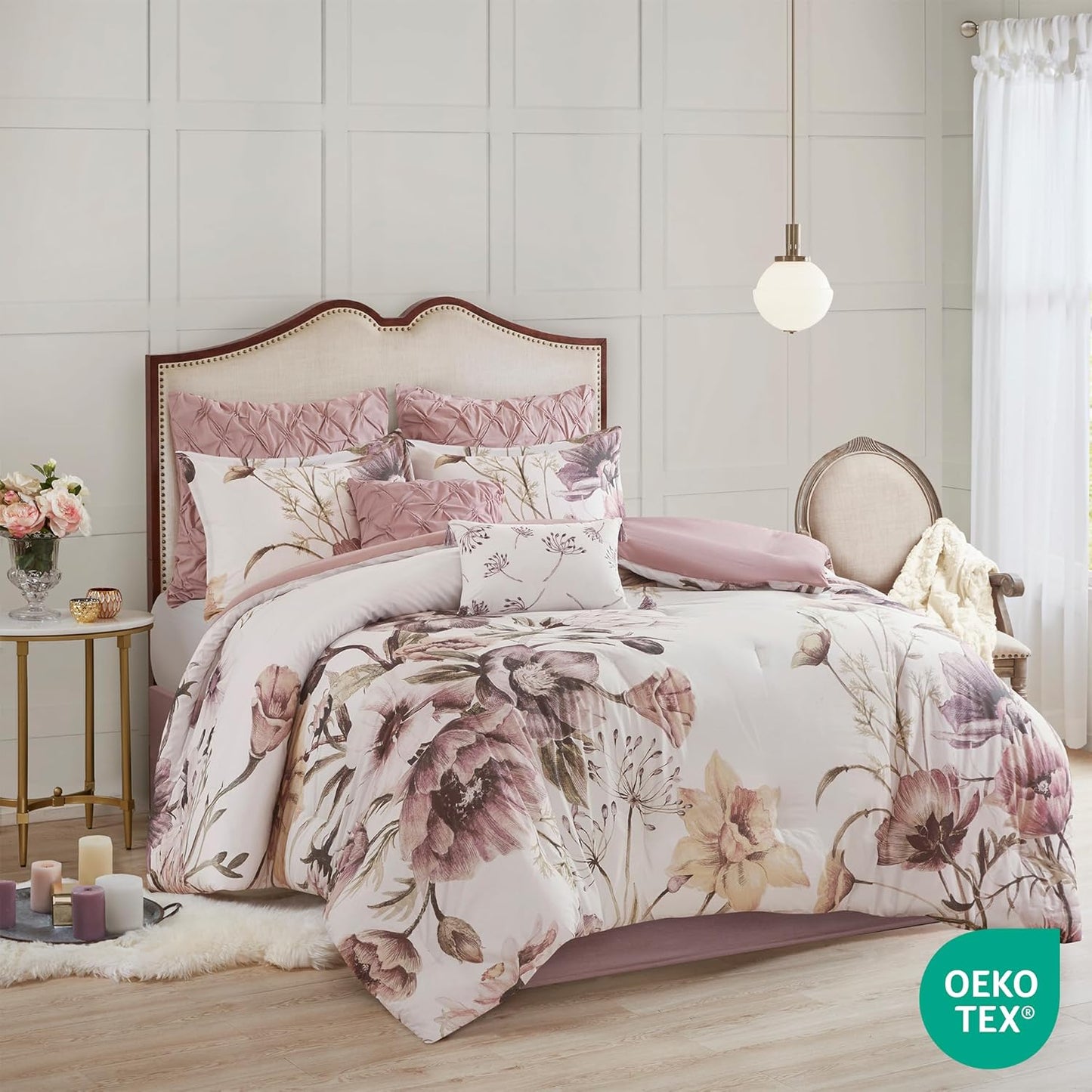 Cassandra Cotton Blend Comforter Set - Colorful Floral Print, Queen, Blush 8 Piece