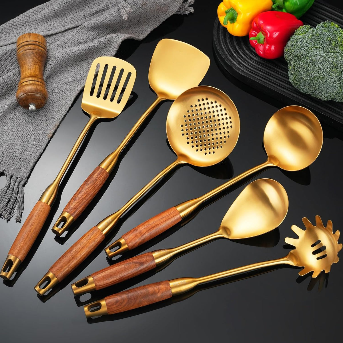 Gold Kitchen Utensils Stainless Steel with Wooden Handle 6 PCS