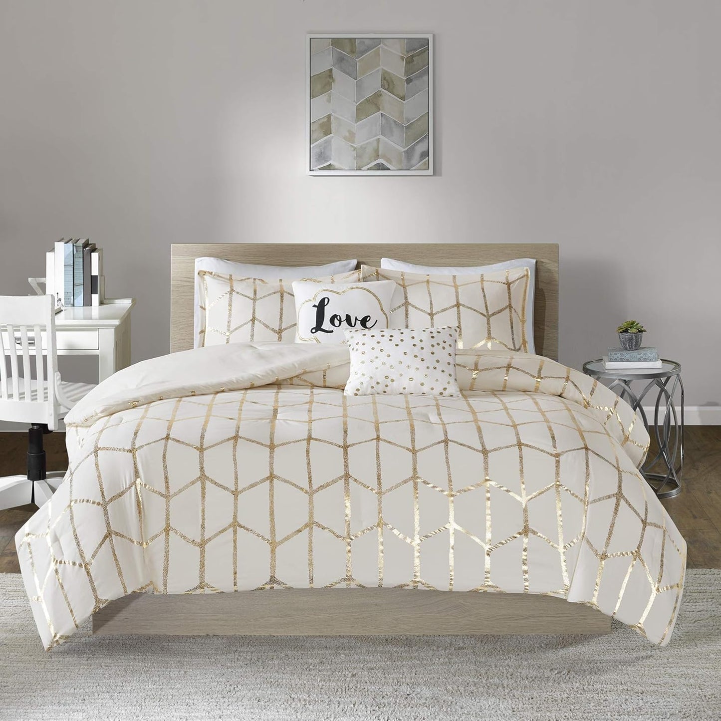 Raina King/Cal King Comforter Set, Modern Geometric Metallic Bed Set, 5 Pieces with 2 Shams, 2 Toss Pillows Ivory/Gold