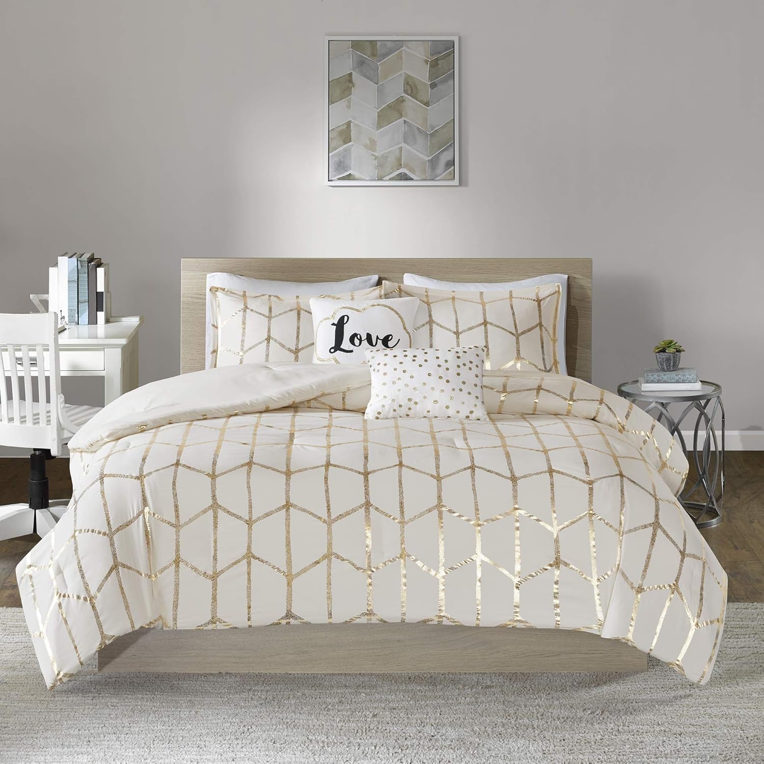 Raina King/Cal King Comforter Set, Modern Geometric Metallic Bed Set, 5 Pieces with 2 Shams, 2 Toss Pillows Ivory/Gold