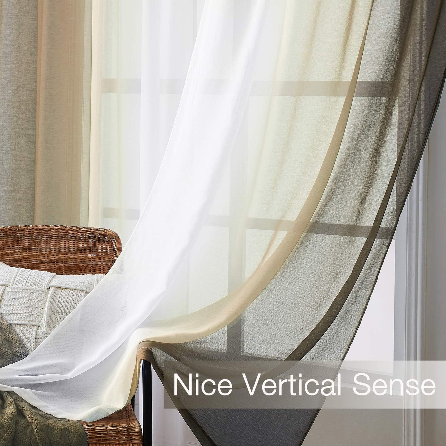 Ombre Faux Linen Sheer Curtains Rod Pocket, Privacy and Light Filtering, 2 Tone Reversible Gradient Voile Semi Window Curtains, Set of 2 Panels, Brown, 54 X 84 Inch Length