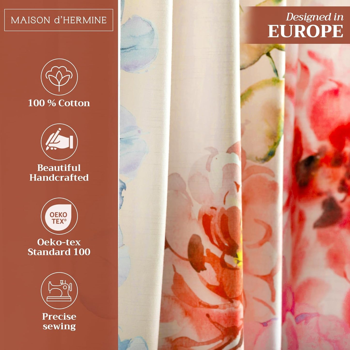 Maison D'Hermine Curtain,100% Cotton 96 Inch Length One Panel Window Curtain- Floral Beige, 50" W X 96" L