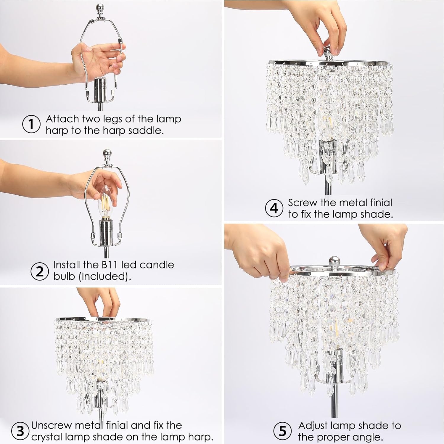 Elegant Crystal Side Table Lamp with USB C+A Charging Ports, B11 LED Bulb Included