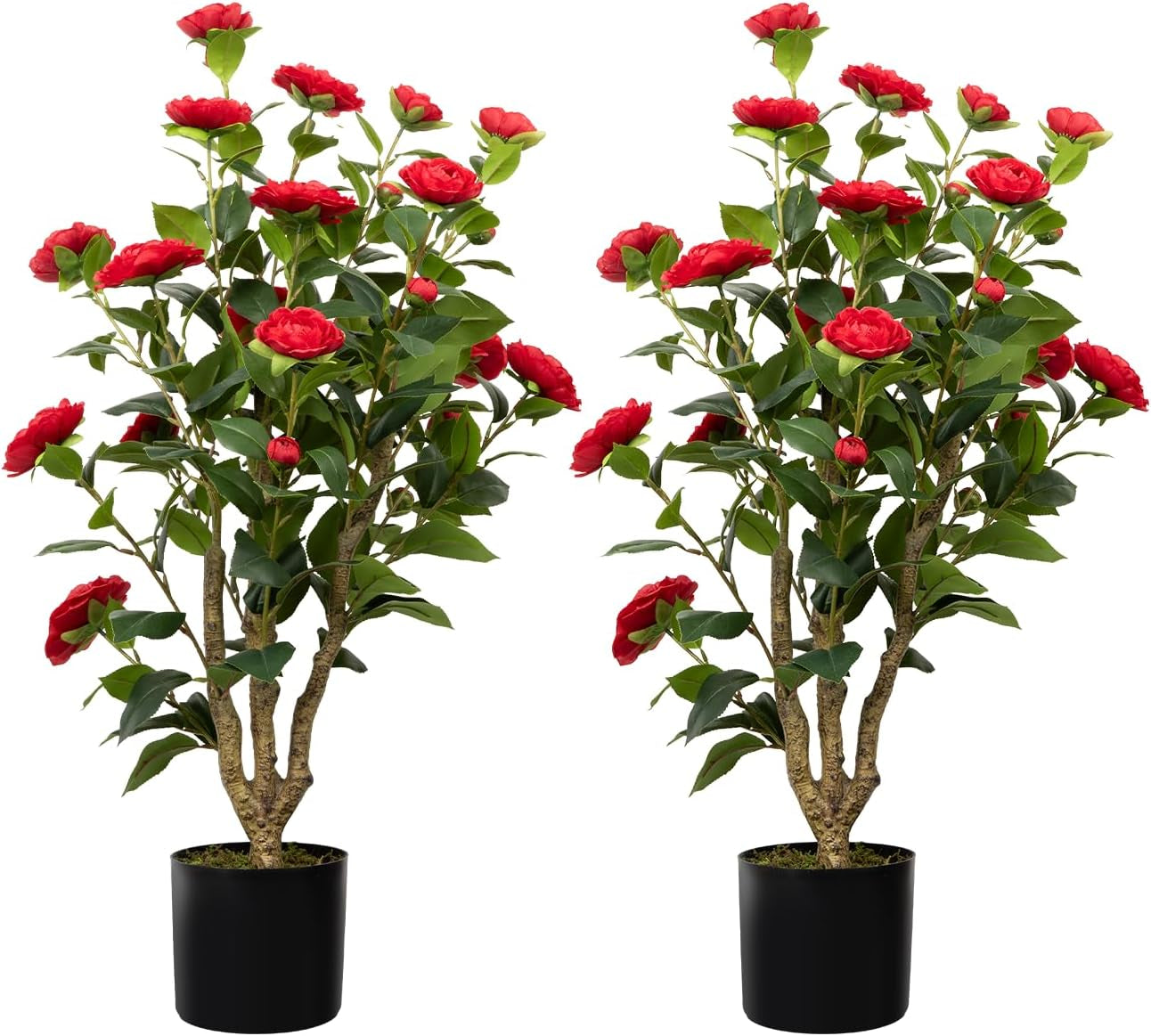 38” Artificial Camellia Tree Plant, in Pot with Red Flowers, 2 Packs