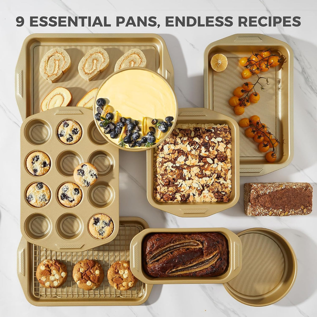 9-Piece Nonstick Bakeware Set, Non-Toxic Baking Pans Set, Gold