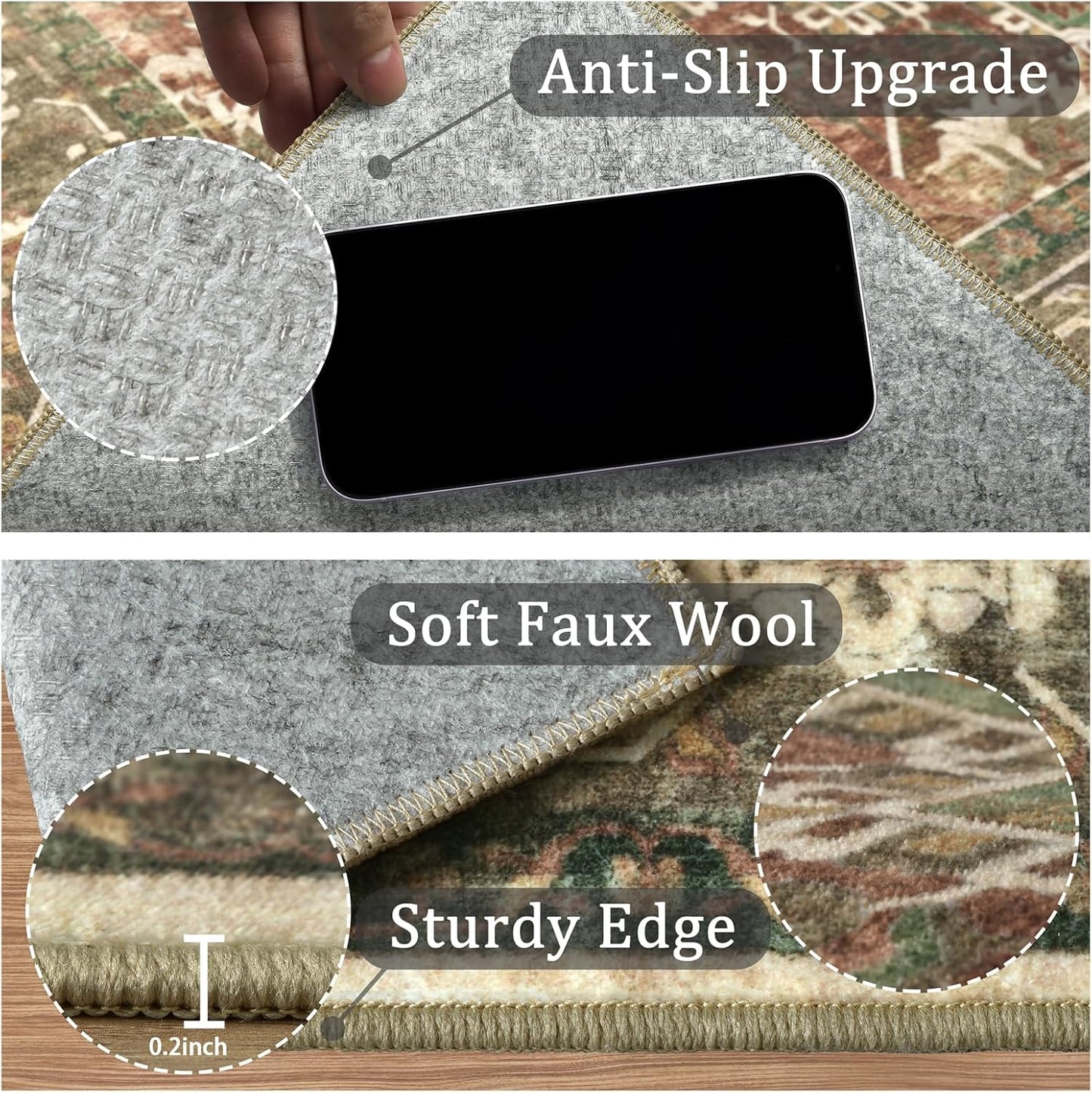 Green Vintage Floral Washable 5X7 Area Rug Non-Slip