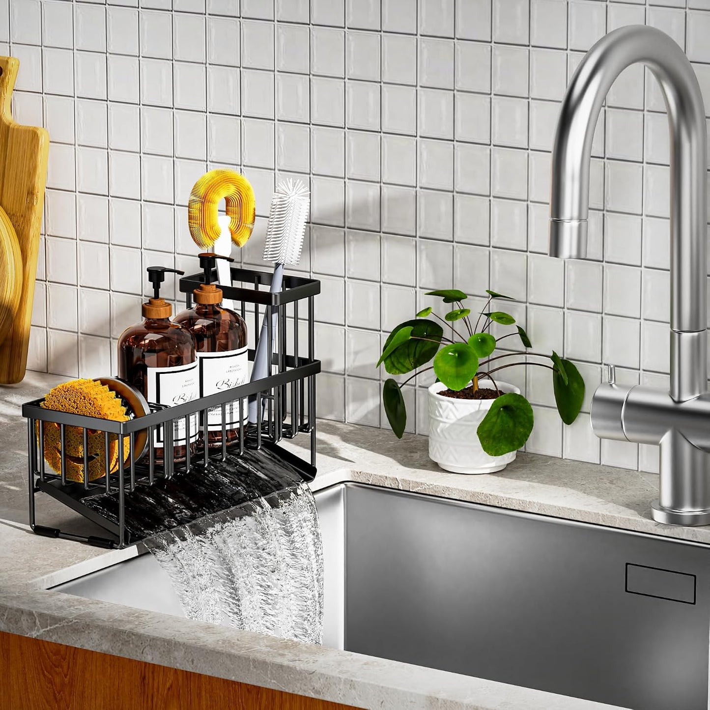 Extra Large Kitchen Sink Caddy Organizer with High Brush Holder, Sponge Holder for Sink