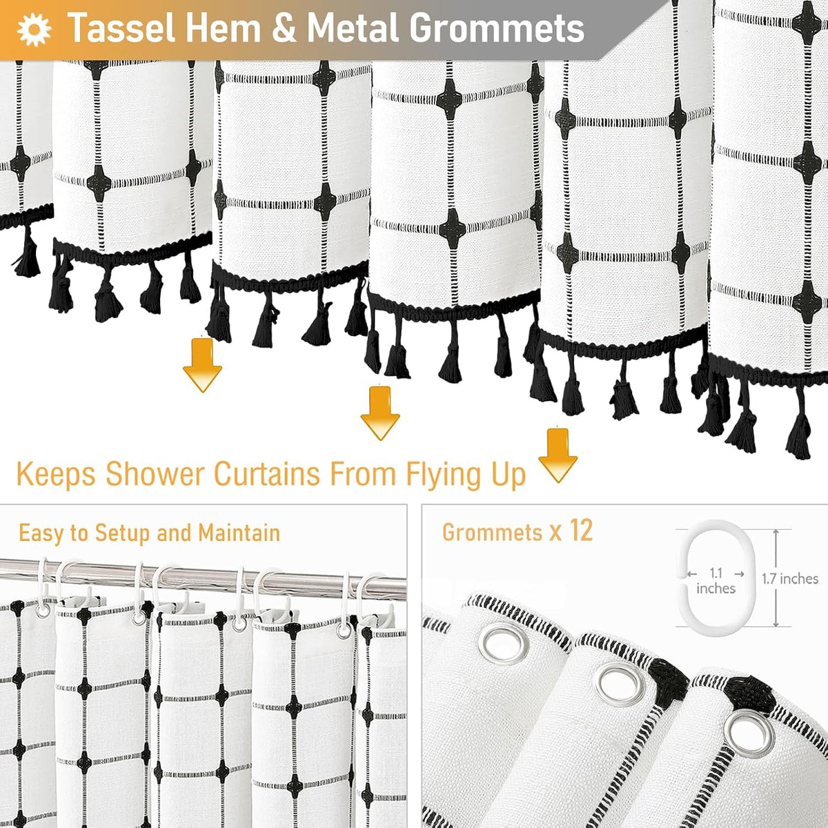 White and Black Long Boho Farmhouse Linen Cloth Shower Curtain, 72X84