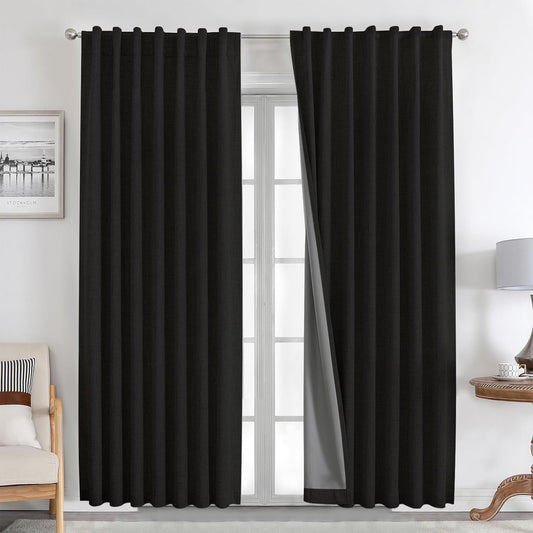 100% Blackout Curtains 84 Inches Long Natural Linen Drapes 2 Panels Set Thermal Insulated Back Tab Rod Pocket(52X84 Inch,Black)