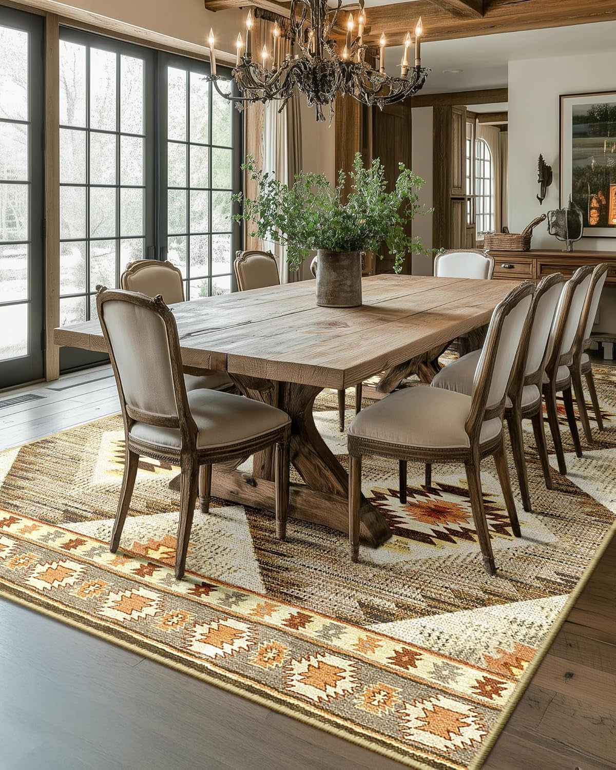 Area Rug 5X7 Machine Washable Non-Slip Print Pattern Western Rug -Cream/Camel