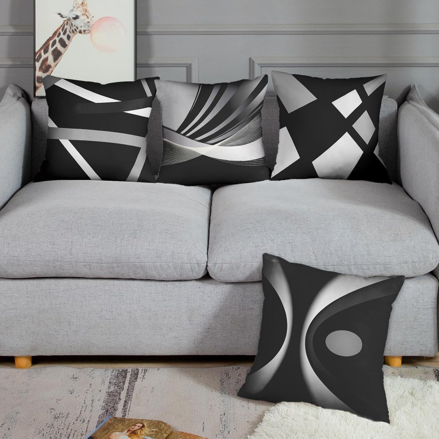 Set of 4 Black Throw Pillow Covers Modern Abstract Grey & White Stripes 20X20 Inches 