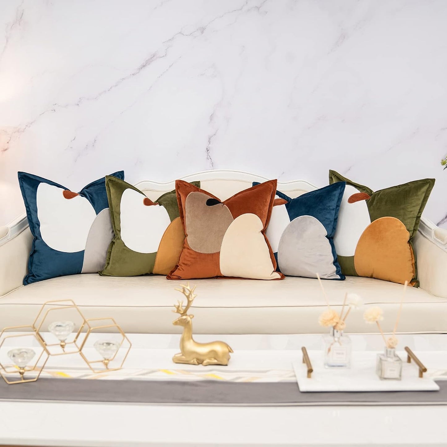 Blue Decorative Velvet Throw Pillow Cover with Cloth Texture Patchwork Cushion Case Modern 18X18 Inch Pillowcase for Sofa Couch Bedroom Living Room Home Decor