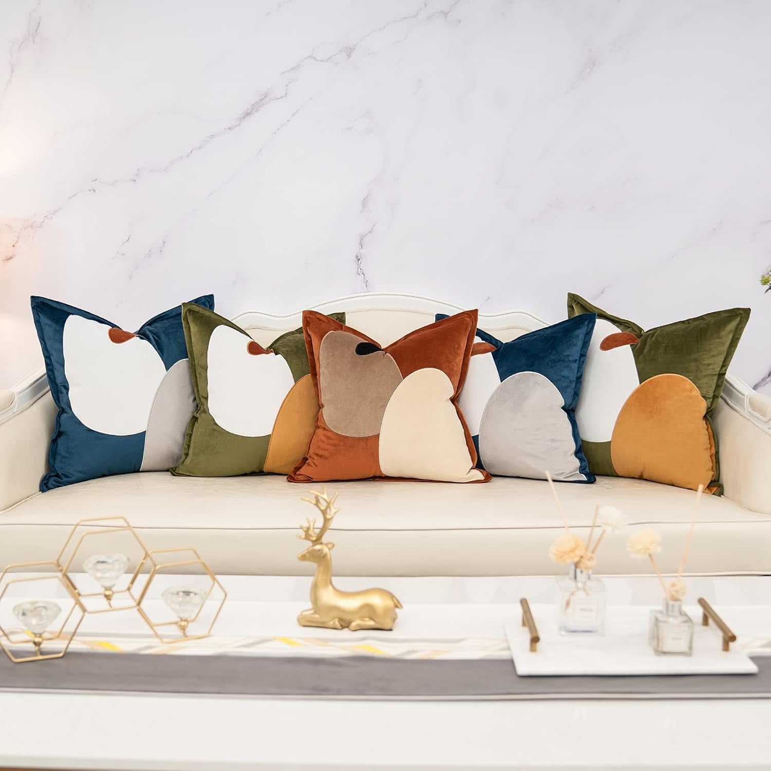 Blue Decorative Velvet Throw Pillow Cover with Cloth Texture Patchwork Cushion Case Modern 18X18 Inch Pillowcase for Sofa Couch Bedroom Living Room Home Decor