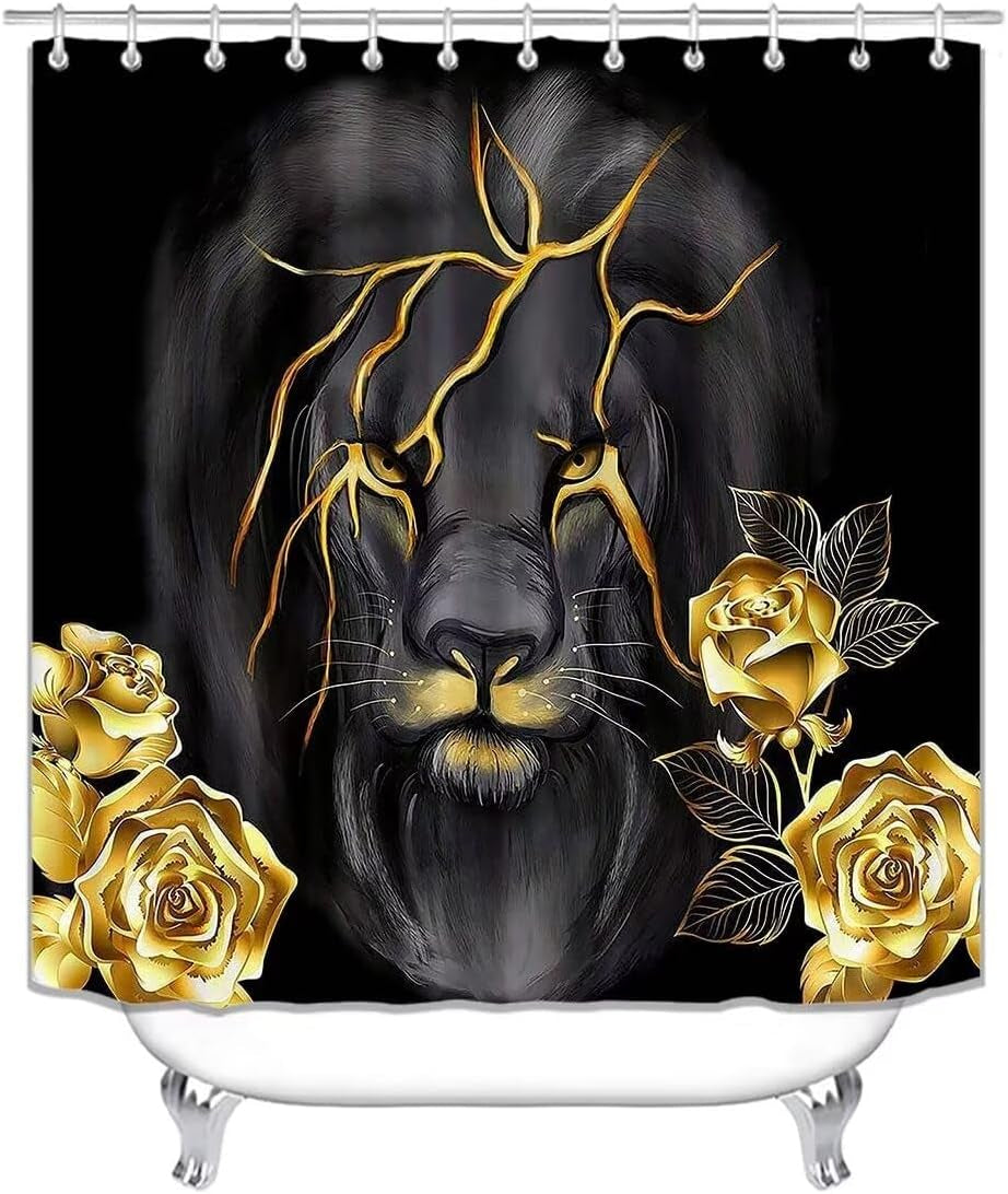 4 PCS Gold Rose Lion Bathroom Set with Shower Curtain and Rugs