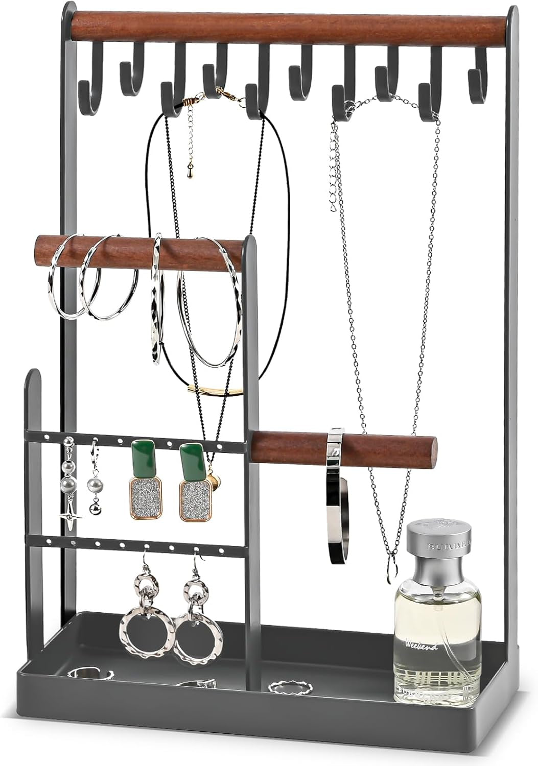 Jewelry Stand Holder Organizer, 4-Tier Necklace Holder with Ring Tray, -Medium, Grey