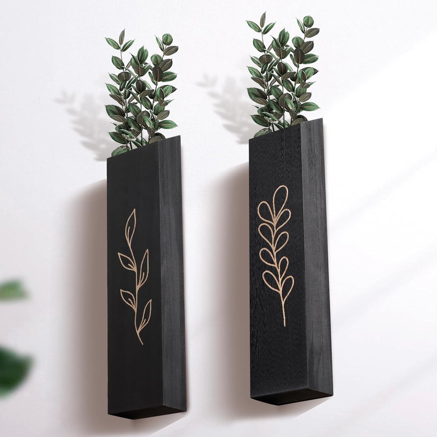 Farmhouse 4 Pack Wood Wall Planter, Indoor Pocket Wall Vases Decor (Black)