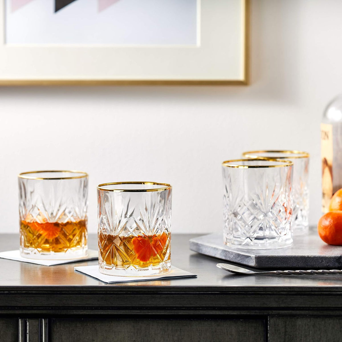 Siena Collection Crystal Double Old Fashion Beverage Glass with Gold Band Design, Set of 4,10 FL OZ