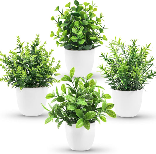 4 Pack Faux Plants Indoor Small Fake Plants, Fluffy Pretty Look for Shelves (No Soil or Pollen)