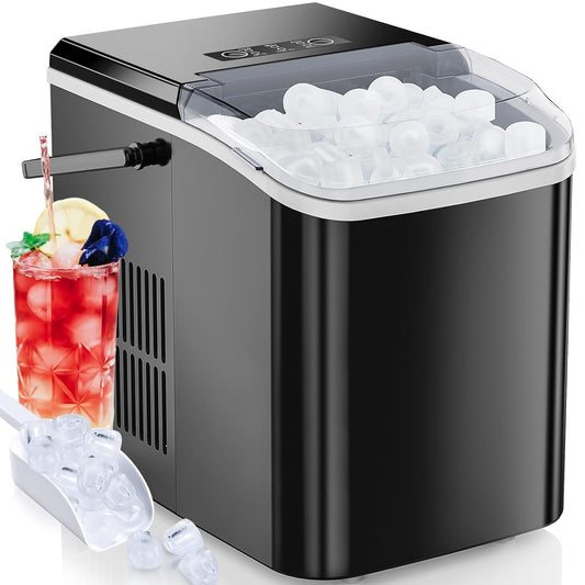 Countertop Ice Maker, Portable Ice Machine Self-Cleaning, 26.5Lbs/24Hrs, with Ice Scoop, Basket and Handle ,Black