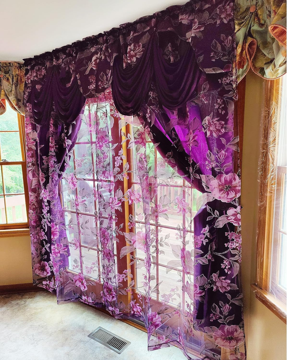 GOHD Roman Romance. Burnt-Out Printed Organza Window Curtain Panel Drape with Attached Fancy Valance and Taffeta Backing (Purple, 55 X 84 Inches + Attached Valance X 2Pcs)