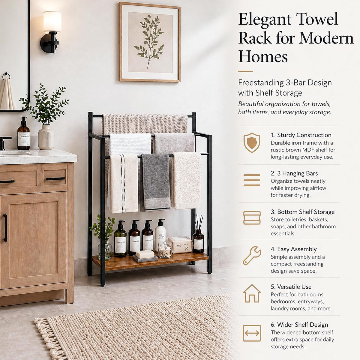 Freestanding Towel Rack with Rustic Brown Wood Shelf 24.8" 