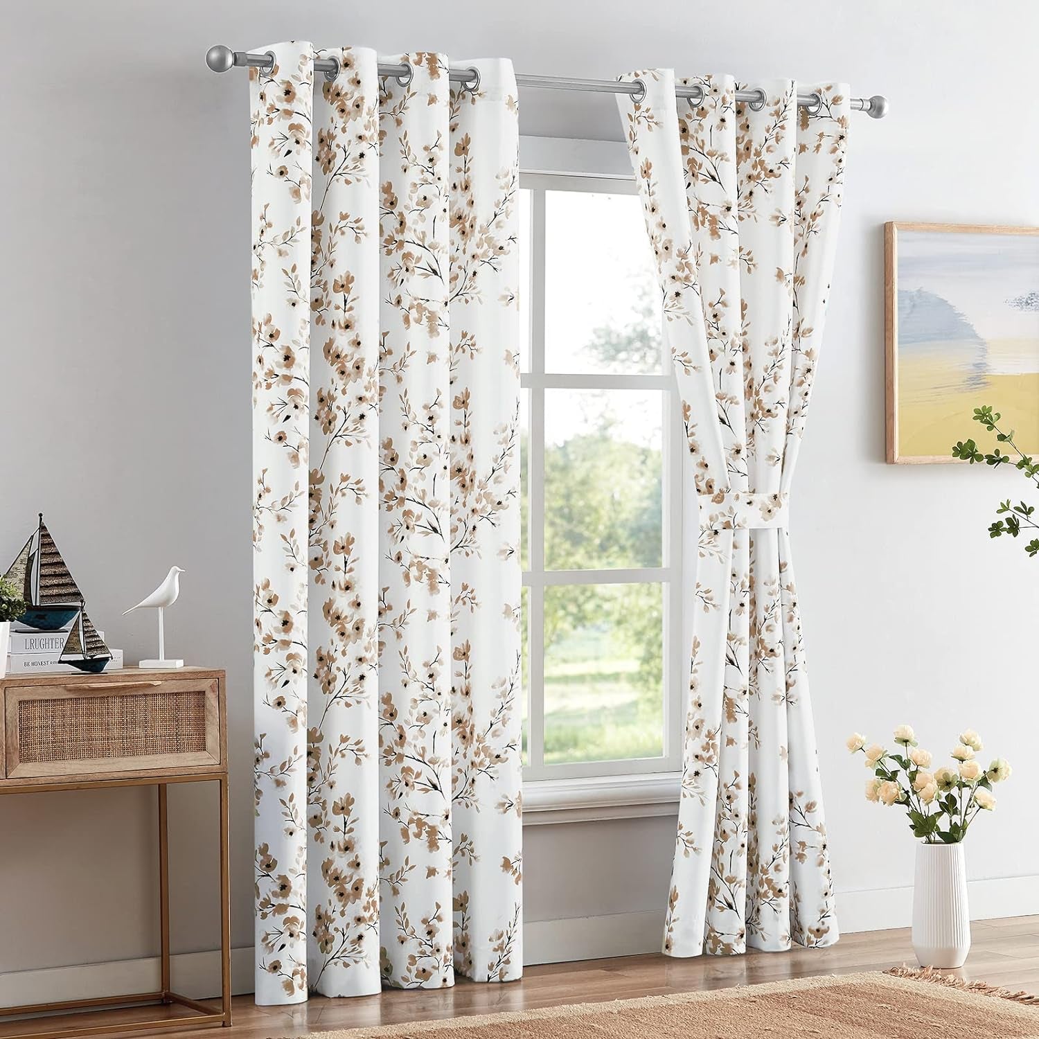 Floral Curtains, Farmhouse Coffee Apricot Flower Print 52X84 Inch, 2 Panels